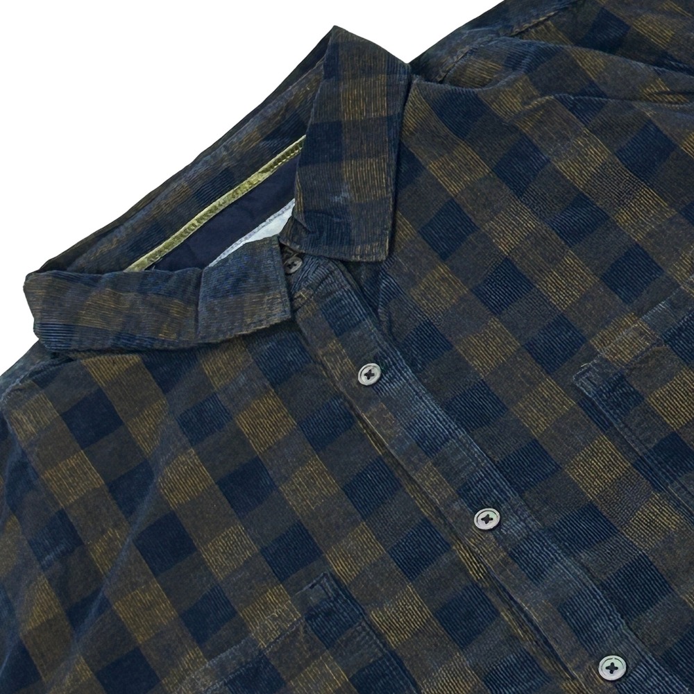 32 Bar Blues Corduroy Shirt Mens XL Blue Tan Plaid Buffalo Check Long Sleeve